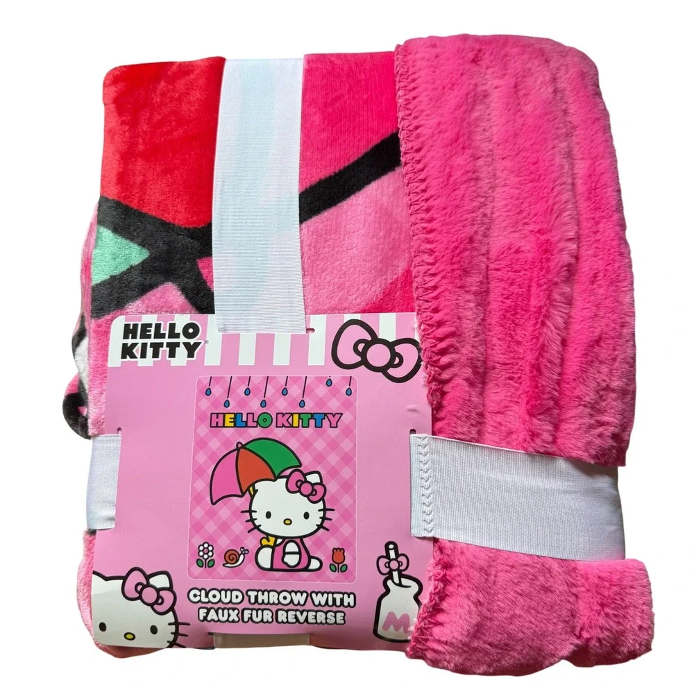 Sanrio Hello Kitty Cloud Throw Blanket Faux Fur Reverse Pink Rainy Day 50x60 NEW